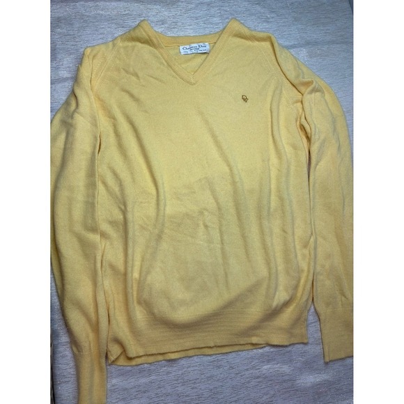 Vtg Christian Dior Paris  Monseur Yellow V Neck Sweater size large - Picture 1 of 6